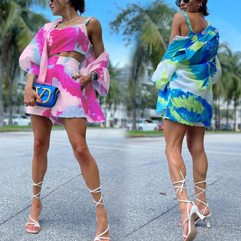 

Women' Tracksuits Women' Wear Summer Style Temperament Leisure Color Tie Dye Printing Three Piece SetWomen, Blue