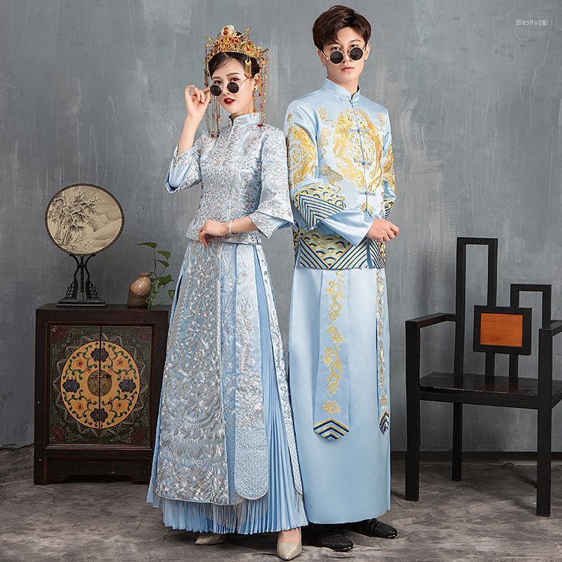 

Ethnic Clothing Traditional Blue High Quality Embroidery Long Sleeve Bride Groom Wedding Dress Retro Chinese Refined Stylish Marry Cheongsam