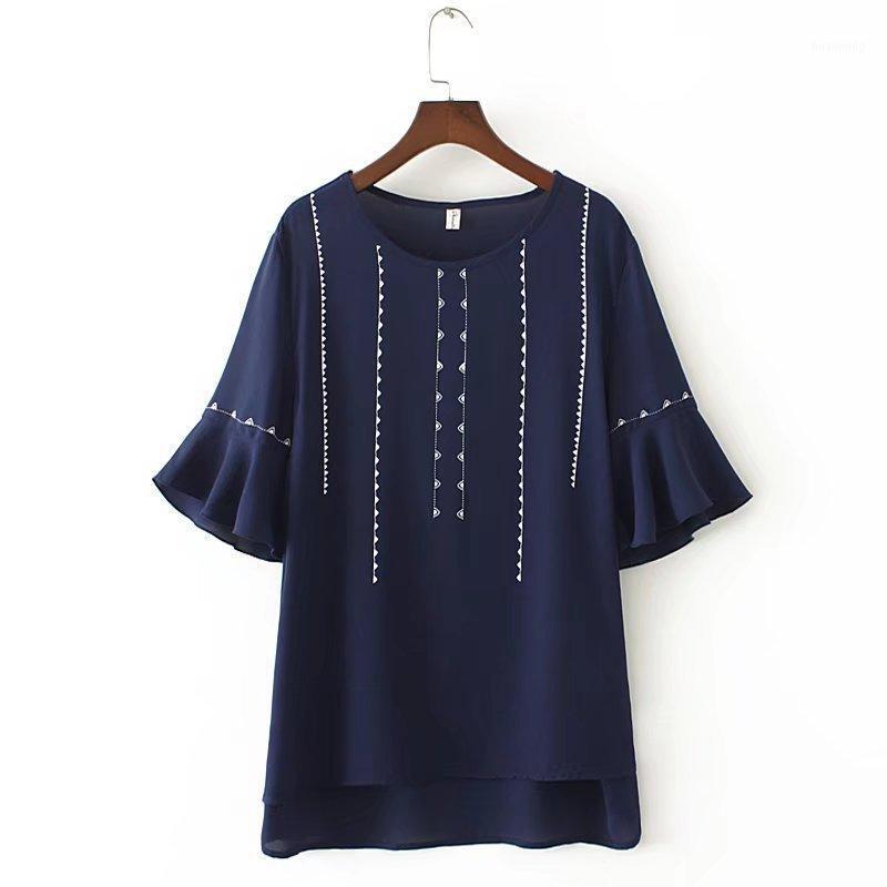 

Summer Women's Clothing Shirts Round Neck Flare Sleeve Loose-Fit Habijabi Chiffon Printed Plus Size Blue Black Women Blouse Blouses &, Pink shirts