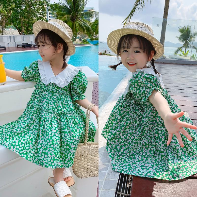 

Girl's Dresses Kids Clothes Girls 2022 Summer Baby Fashion Green Printed Dress Princess Sweet Clothing WholesaleGirl's