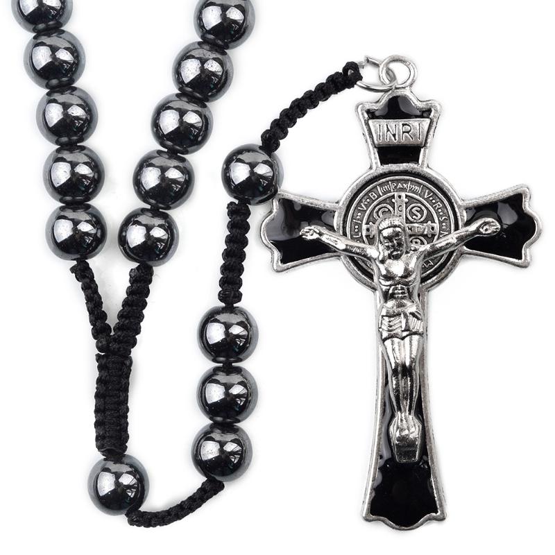 

Chains Big Size Hematite Stone Beads Hand Prayer Cord Rosaries Religious Gift Saint Benedict Cross Men RosaryChains