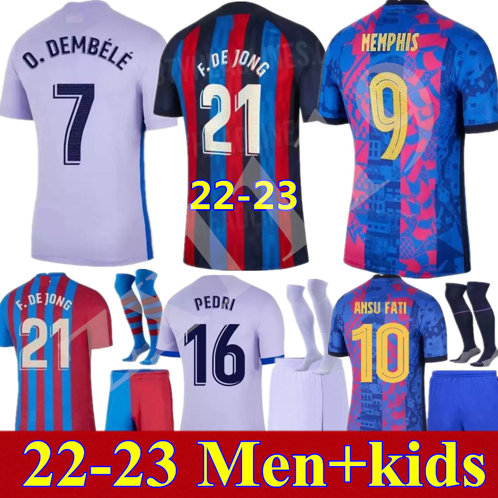 

21 22 23 ANSU FATI Camisetas de football soccer jersey MEMPHIS PEDRI Kun Aguero 2021 2022 F. DE JONG DEST kit shirts adult men + kids kits youth sets third, Kids away