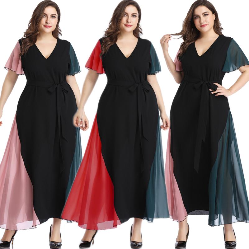 

Plus Size Dresses Women Casual Loose Long Dress Color Block V-neck Short Sleeve Summer High Waist With Belt Vestido Fashion -5XL, 03 yellow