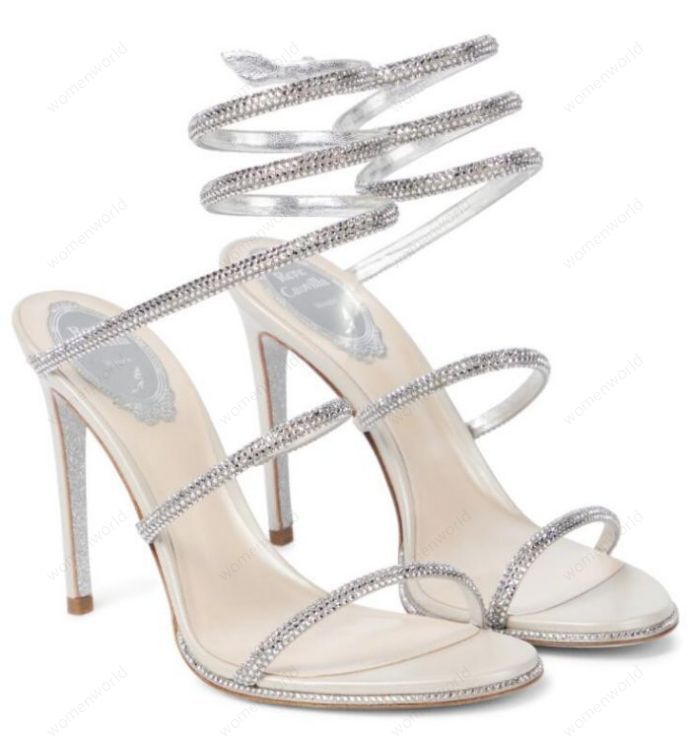 

RENE CAOVILLA Cleo open toe sandals crystal embellished spiral snake tail sandals twining rhinestone sandal women Top quality 10cm Nude stiletto heels shoes, Only a boxes