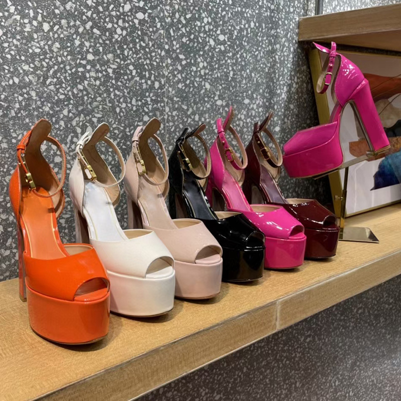 

high heeled Sandals top quality Patent leather women dress Shoes Luxury Designer 15.5CM heel platform Wedding Party womens Sandal factory footwear, Black