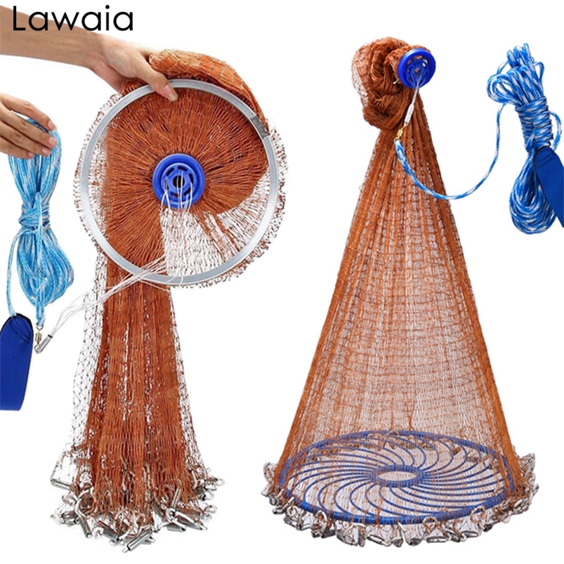 

Lawaia Cast Net American Style Strong Braided Cable Hand Throw Fishing Net Aluminum Ring or Blue Ring Cast Network 220713