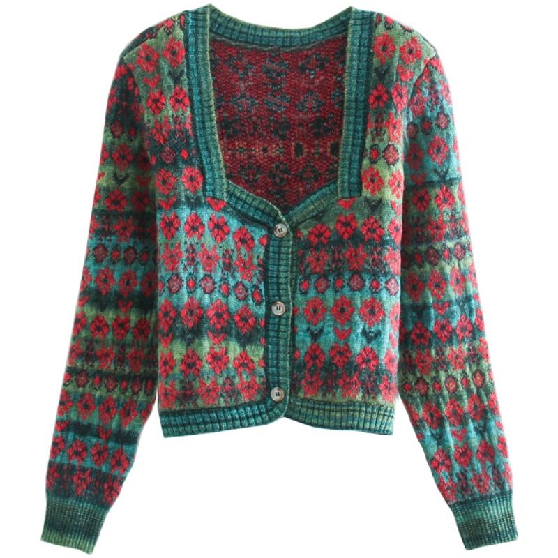 

Women' Knits & Tees European Autumn Square Collar Jacquard Single Breasted Knitted Cardigans Women Sweaters Coats Fashion Streetwear 2022, Green