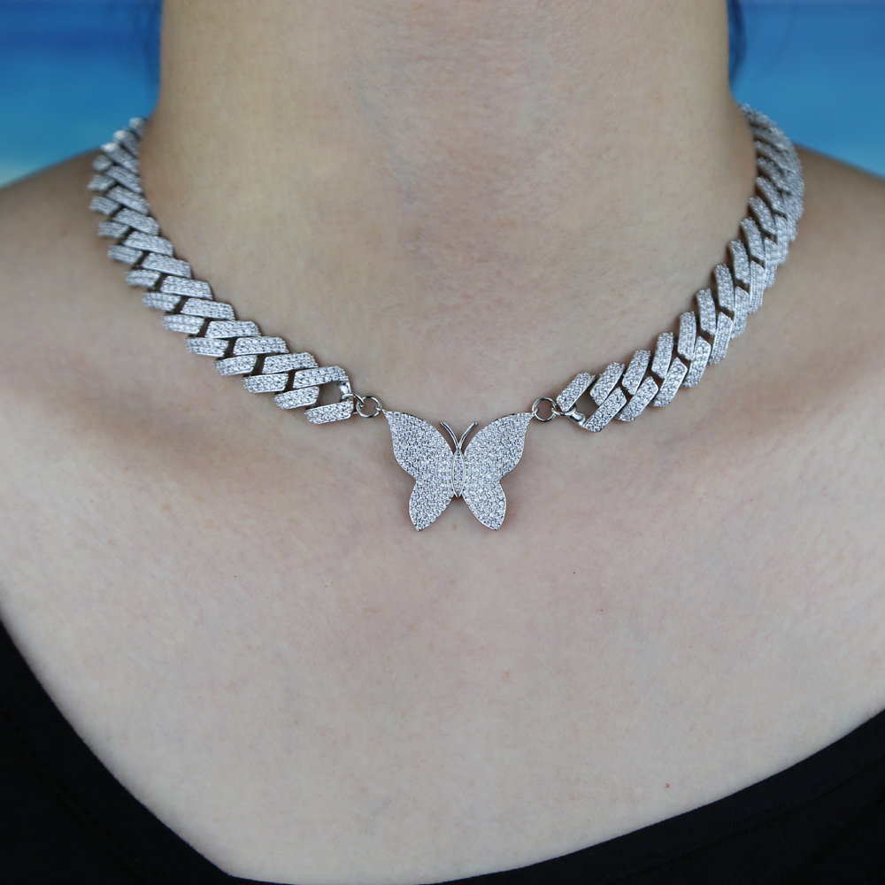 

New 5A Zircon Paved Miami Cuban Link Butterfly Necklace 12mm Cuba Chain Bling Jewelry animals Charm Hip Hop Chain FOR WOMEN