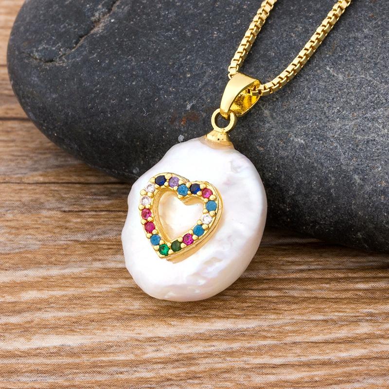 

Pendant Necklaces Fashion Colorful CZ Paved Tiny Heart Charm Freshwater Pearl Coin Gold Chain Chic Choker Necklace For Women JewelryPendant