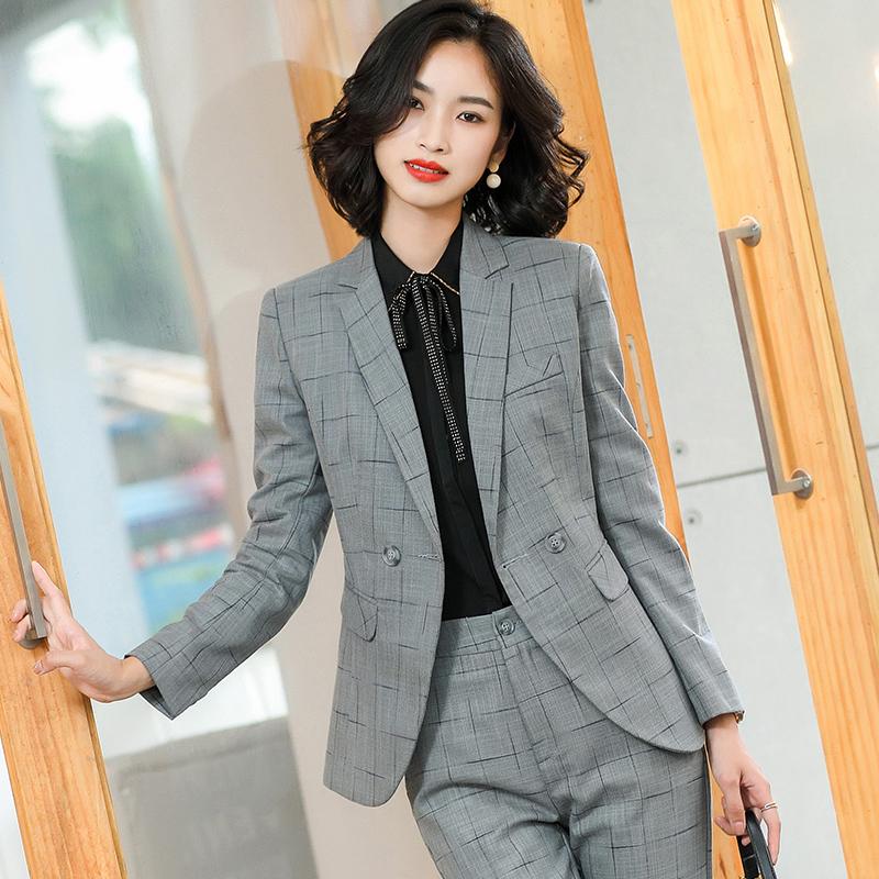 

Women's Two Piece Pants High Quality Plaid Formal Women Business Work Wear Suits With And Jackets Coat OL Styles Ladies Blazers PantsuitsWom