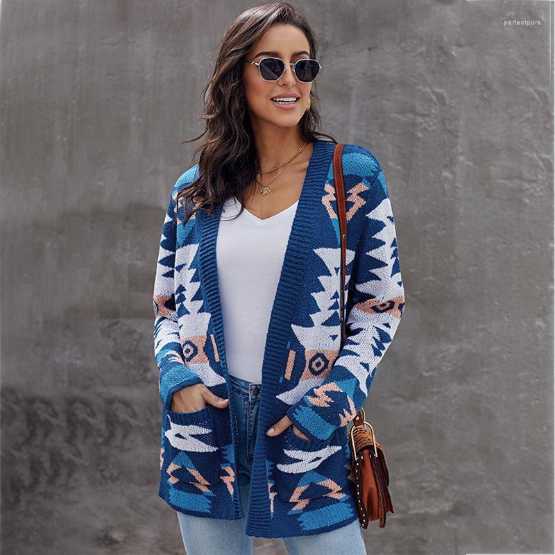 

Women' Knits & Tees Large Size Fall Winter V-neck Print Knitwear Ladies Long Knitted Cardigan Women Loose Retro Sweater Coat High Street Pe, As shown