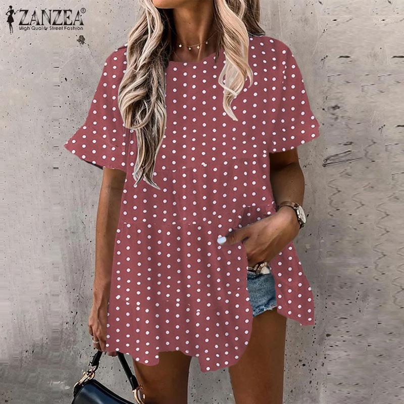 

Women' Blouses & Shirts Plus Size Summer O Neck Short Sleeve Printed Blouse Women Vintage Polka Dot Shirt Casual Party Blusas Ruffle, Green