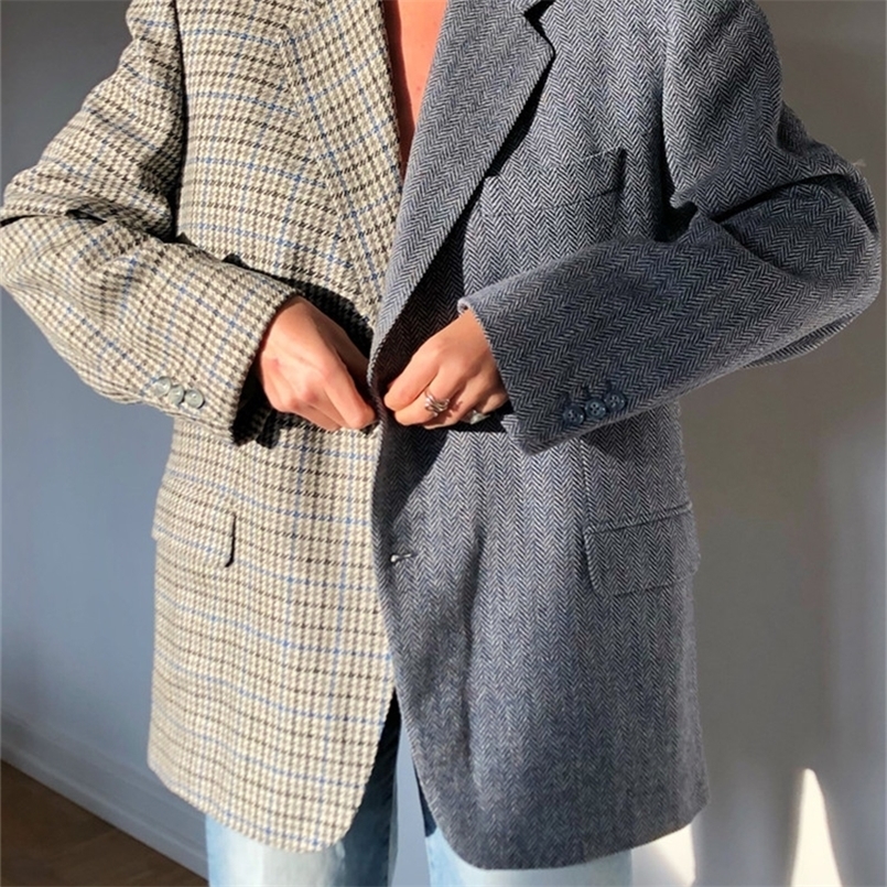 

Autumn Winter Plaid Contrast Color Woolen Blazer Boyfriend Vintage Women Front Pockets Loose Oversize Suit Fashion Coat 220402, As picture