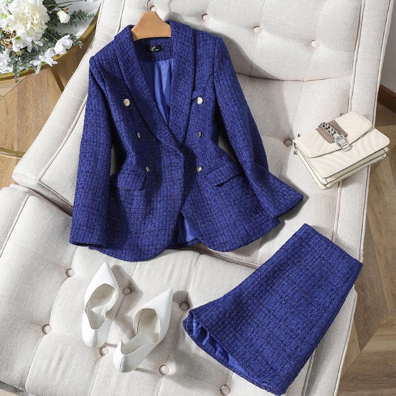 

Two Piece Dress High Quality Fashion Thick Winter Skirt Suit Women Female Blue Black Set For Office Ladies Formal Business Work Wear, Blue skirt suit