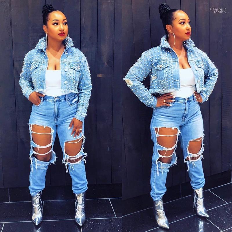 

Women' Jackets 2022 Sexy Rivet Denim Women Hole Boyfriend Style Long Sleeve Vintage Jean Jacket Autumn High Street Short Coat, Camel