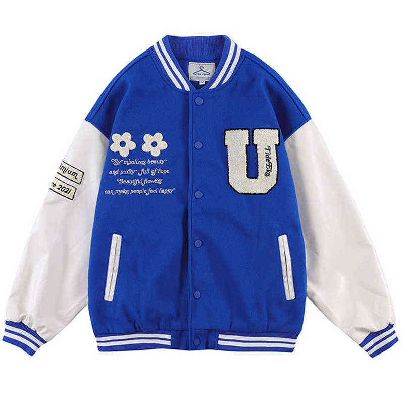 

Men Hip Hop Baseball Jacket Letter Flowers Flocking Embroidery Varsity Jacket Leather Patchwork Outwear Streetwear Couple 2022 T220728, Black