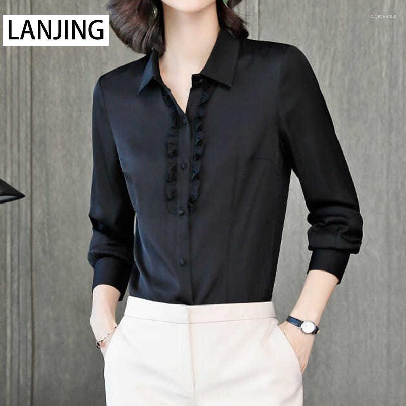 

Women' Blouses & Shirts Solid Color Silk Tops Women' Spring Ladies Long Sleeves Mulberry Vintage Top Women ButtonWomen' Dway22, Beige