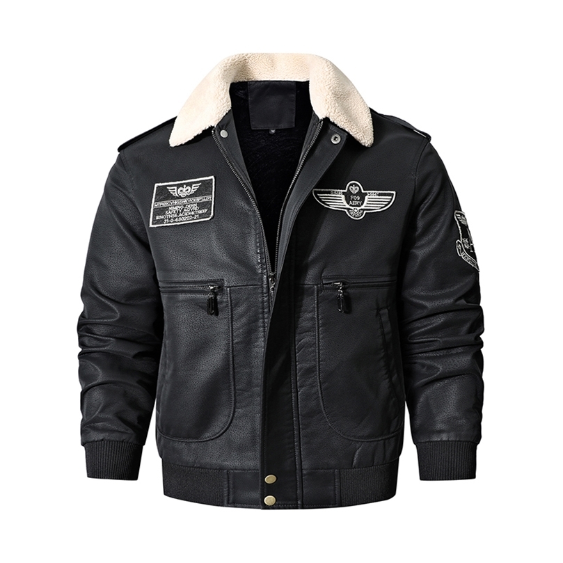 Men's Bomber Motorcycle Leather Jacket Vintage Brown Military Flight Coat Winter Fleece Faux Leather Pigskin Plus Size Jaqueta 220812