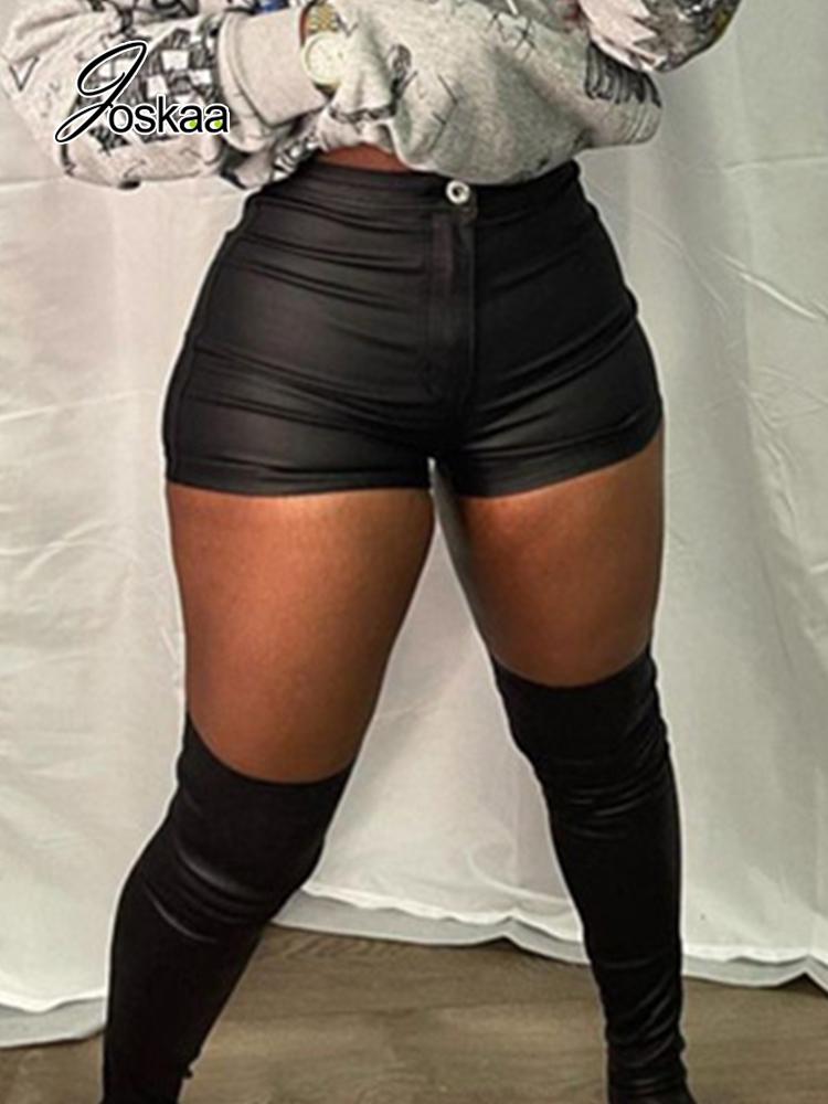 

Women' Shorts Joskaa Faux PU Leather Black Woman Summer 2022 Fashion Sheath Button Pockets Short Pants Female Bottoms Sexy StreetwearWomen
