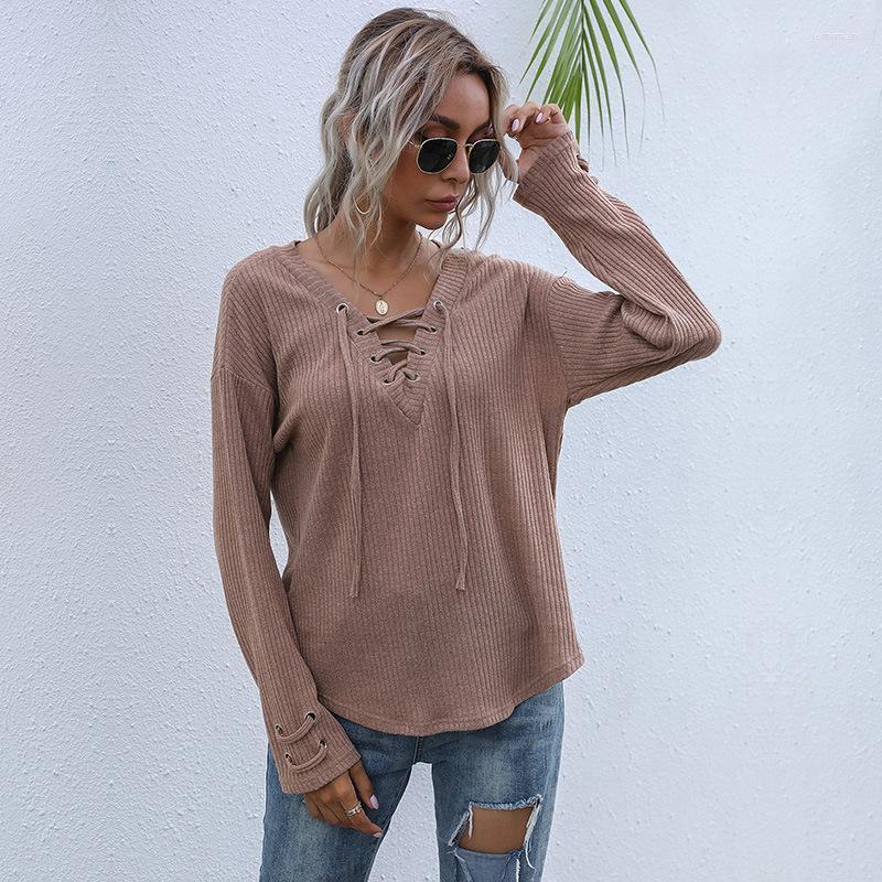 

Women' Sweaters Autumn V-neck Lace Up Solid Color Pullover Casual Top Women' Fashion Sweater Fall Women ClothingWomen' Jemi22, Beige
