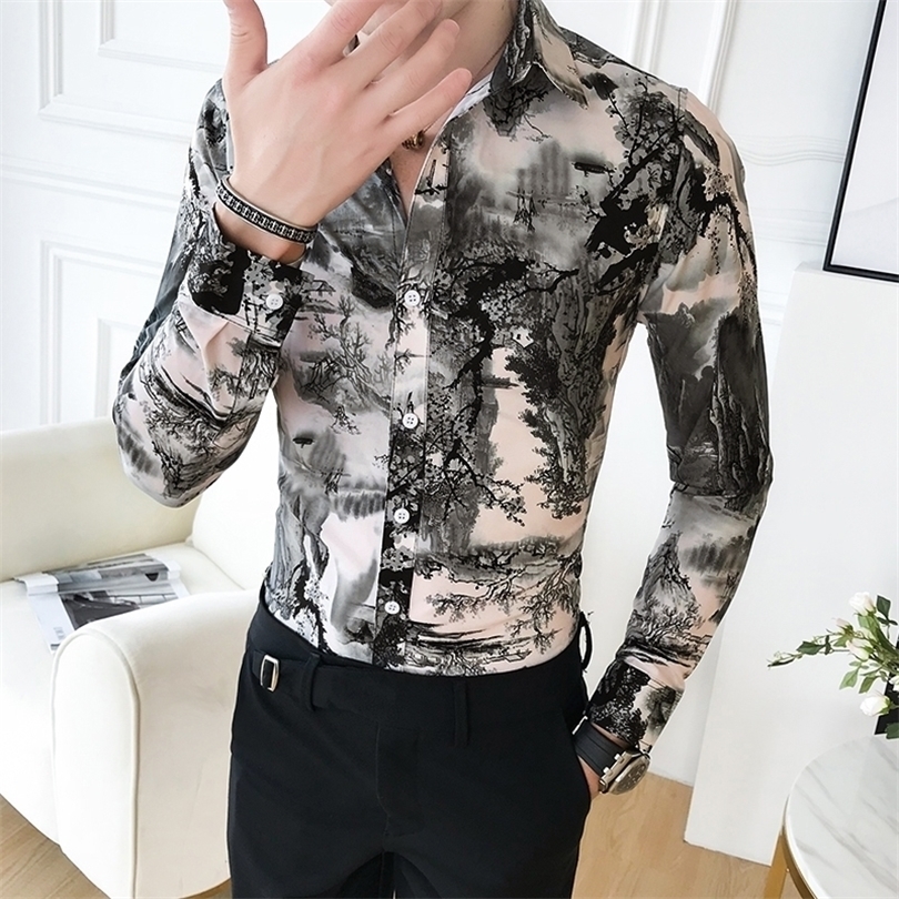 

Korean Slim Fit Men Shirt Brand New Long Sleeve Print Mens Casual Shirts Night ClubPartyProm Dress Shirt Male Clothing 3XLM 201124, As the photo show