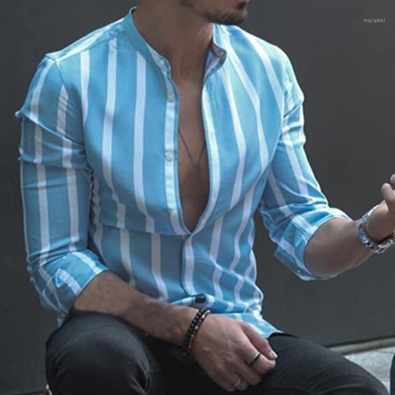 

Men's Casual Shirts Camisas Para Hombre 2022 European American Stand Collar Striped Long Sleeve Shirt Fashion Clothing, Blue