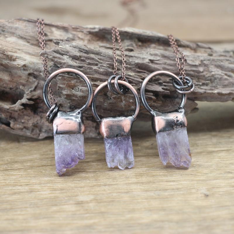 

Pendant Necklaces Natural Amethysts Geode Slab Antique Copper Hoop Pendants Necklace Healing Quartz Druzy Drusy Meditation Retro Jewelry QC3