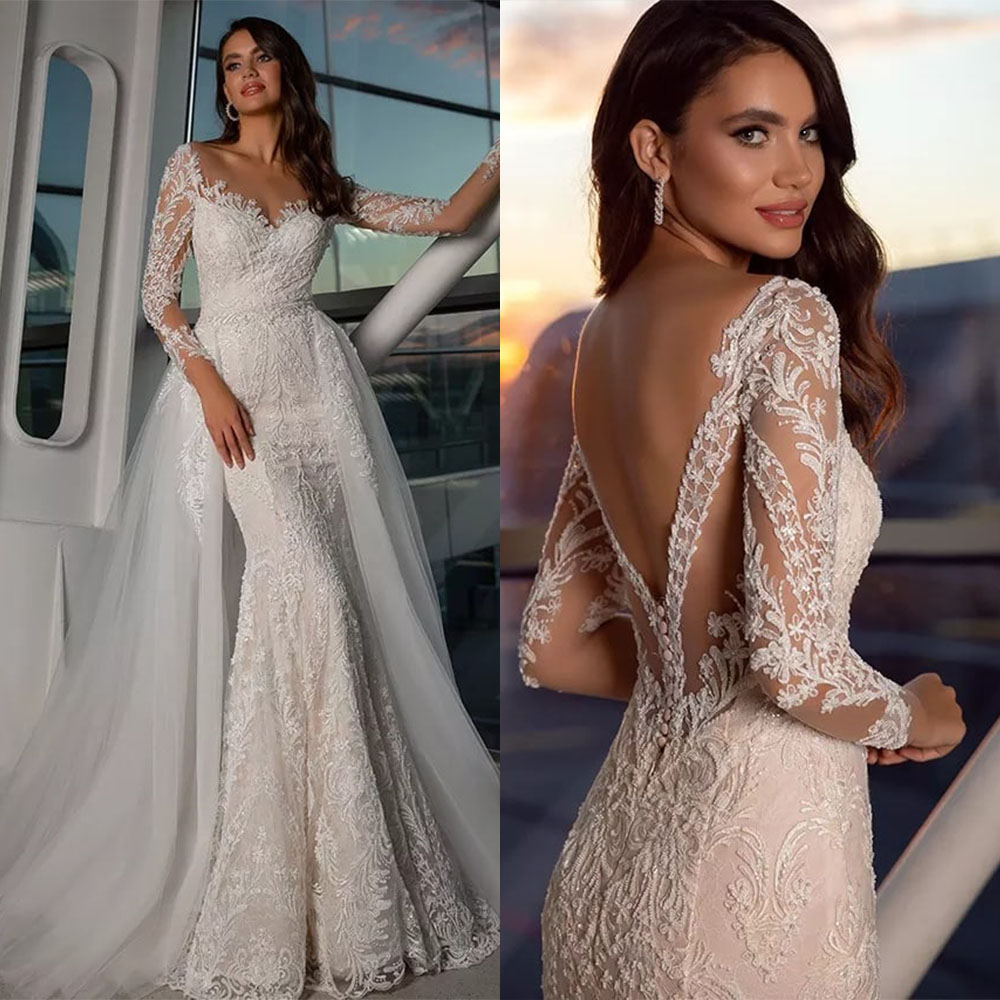 Robe de mariée sirène de plage, col en dentelle transparente, manches longues, dos nu, personnalisée, style Boho, robes de mariée élégantes