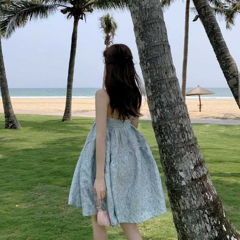 

French First Love Sweet Embossed Jacquard Tube Top Blue Strap Dress Female Summer High Waist Puffy Doll Princess Dress, Picture color