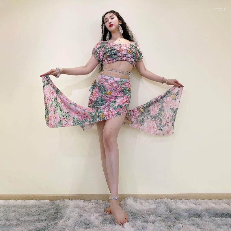 Vêtements de scène personnalisés danse du ventre printemps robe imprimer dentelle Costume longue jupe Performance Costume Sexy danse du ventre Se