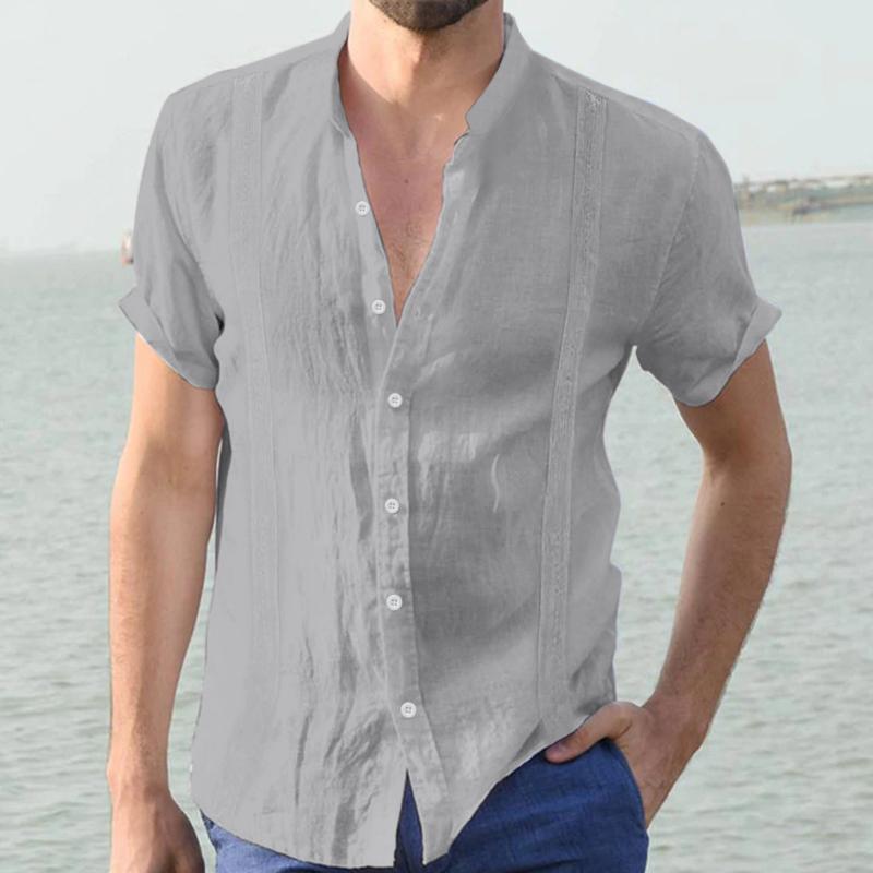 

Men's Casual Shirts Mens Bodysuit Collar Male Summer Tops Shirt Embroidery Edge Solid Short Sleeve Stand Spandex T MenMen's, Black