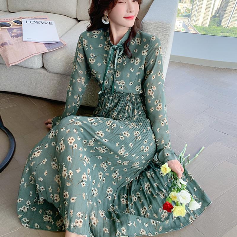 

Casual Dresses High Quality Sweet Floral Printed Holiday Long Dress Women Sleeve Chiffon Pleated Boho Beach 2022 Vestidos Robe Femme, Picture color