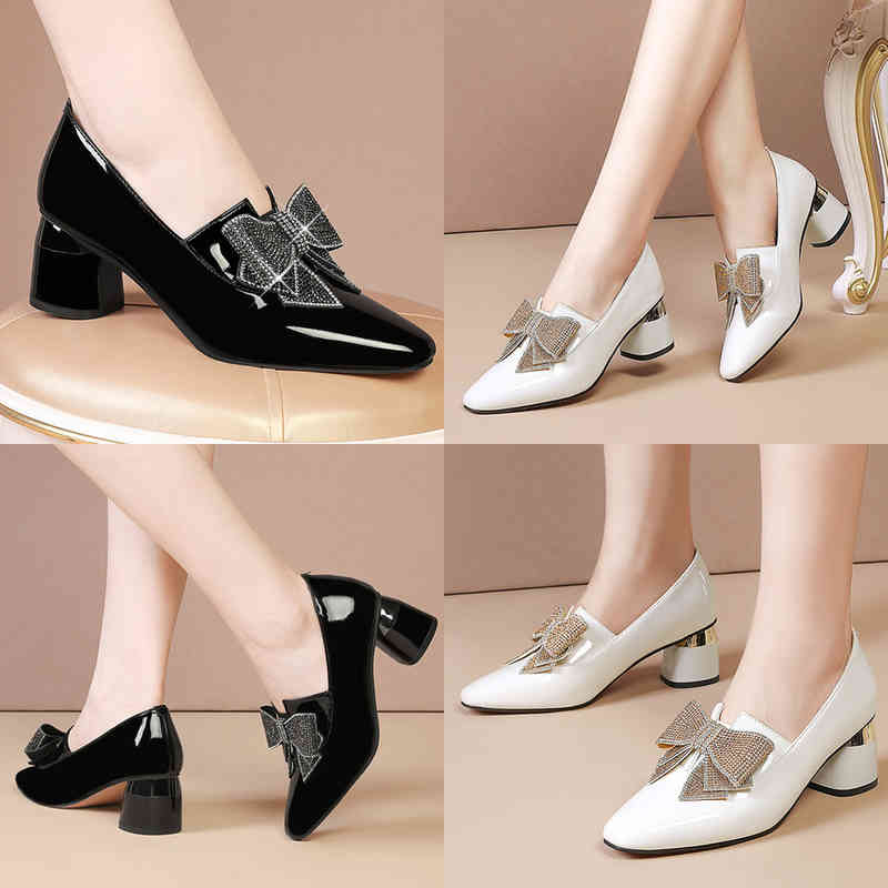 

Dress Shoes Lucyever Crystal Bow Patent Leathe Pompen Vrouwen 2022 Wees Teen Slip Op Dikke Hakken Vrouw Ondiepe Mond Office Party Schoenen Mujer 220425, Black