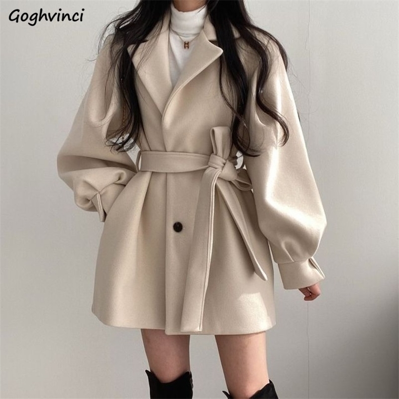 

Women' Wool Blends Women Solid Wool Blend Coat Slim Fit Belt Coats Female Warm Cotton Thicker V-neck Office Lady Elegant Trendy Button Outwear Ins 220826, Beige-regular
