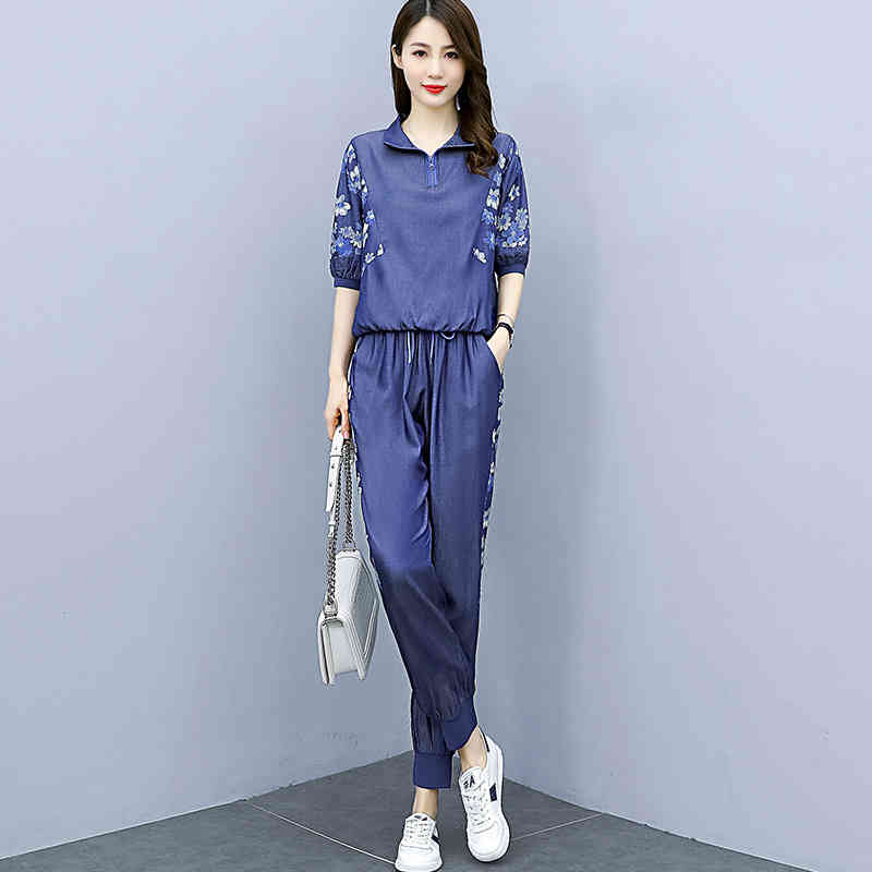 Pantalon de deux pièces pour femmes 2022 à la mode Tencel denim costume femmes professionnelle d'été imprimante loisir style étranger mode deux p
