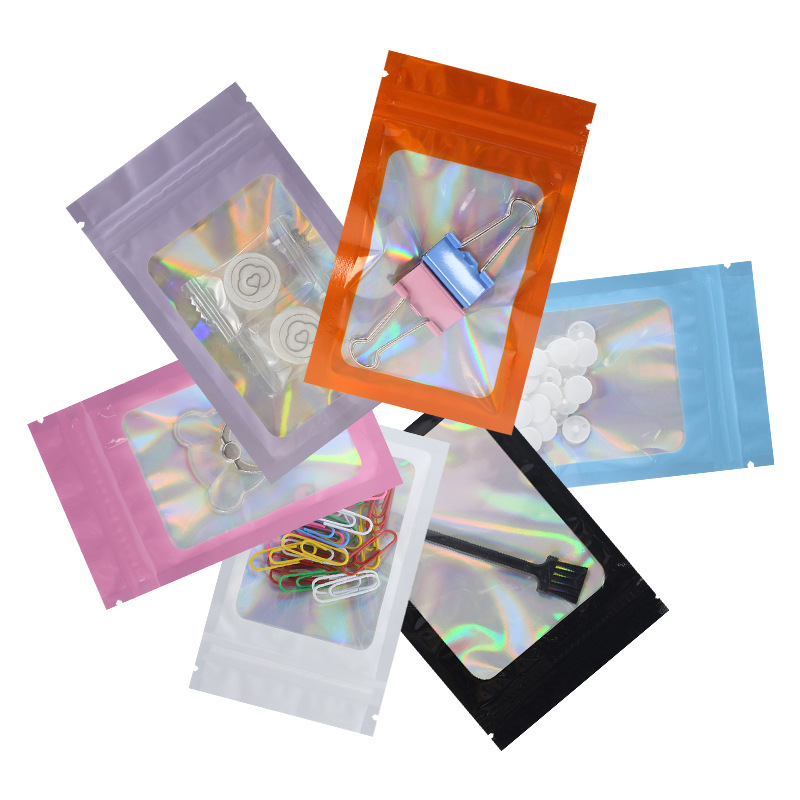 

Clear on Front Zip Lock Holographic Packing Bags Flat Bottom Self Seal Colorful Jewerly Storage Bags with Tear Notch Pendant Packaging Pouches