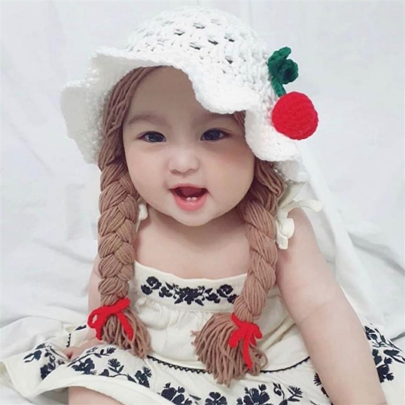 

Cute Hats For Baby Girls Braid Bonnet Kids Spring Beanie Hollow Toddler Child Handmade Woolen Earmuffs Cap Newborn Photo Props, Sunflower