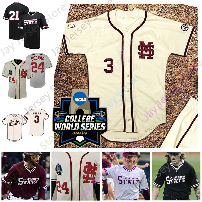 

2021 College WS World Series Mississippi State Baseball Jersey Will Bednar Landon Sims Brad Cumbest Tanner Leggett Drew McGowan Johnson Cade, Cream with ws patch