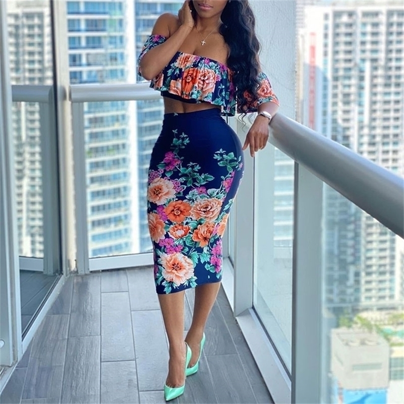 

Summer Women Casual Two Piece Dress Off Shoulder Short Sleeve Floral Print Ruffles Crop Top & Midi Bodycon Skirt Set 220419, Blue
