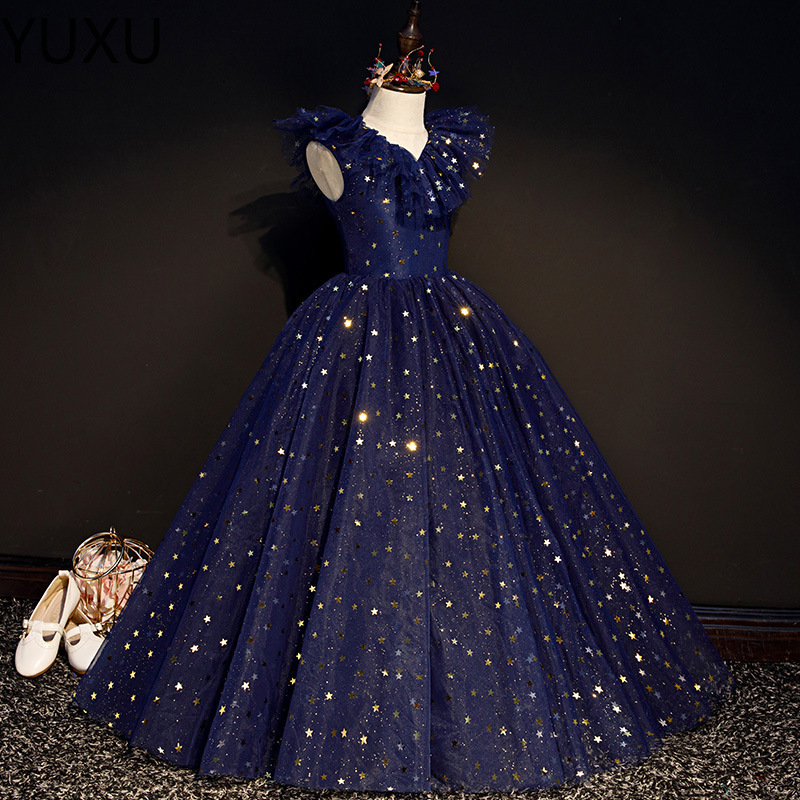 2022 bleu fleur fille robe enfant en bas âge pour mariage tulle 3D floral volants robe de reconstitution historique robes de soirée de noël robes
