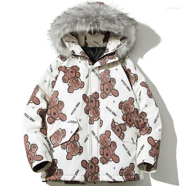 

Men' Down & Parkas 11 BYBB' DARK Hip Hop Streetwear Jacket Men Loose Outwear Harajuku Bear Print Winter Thick Fur Hooded Padded Coat Guin2, Black