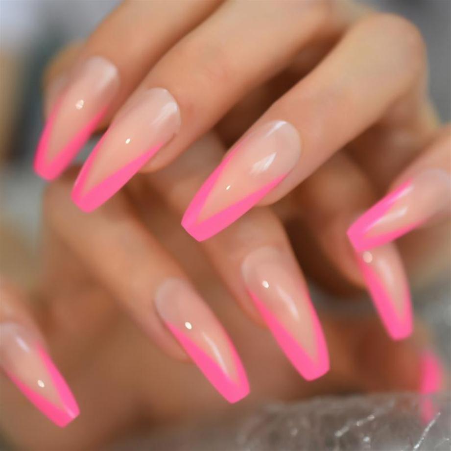 

Long Acrylic French Nail Tips Pink Designes V Pattern Coffin False Nails Cuved Nails Salon Professional Products245K, L5700