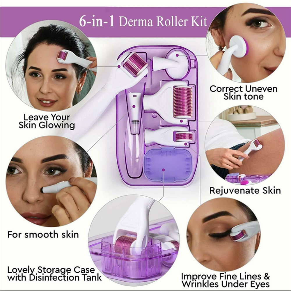 6 in 1 Derma Roller Kit for Face Body 0.25mm 12 needle Micro Needle Dermaroller with 5 Replaceable Heads, Storage Case and Disinfection Tank-image-764966051