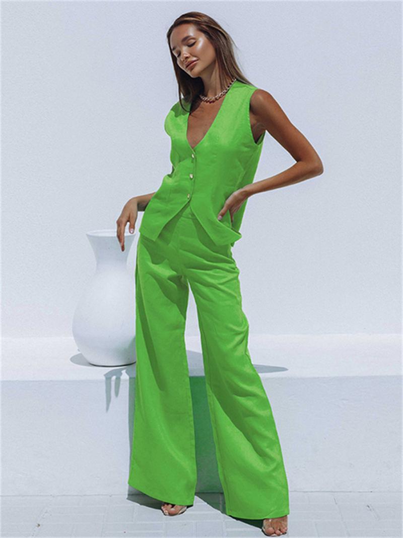 

Women's Two Piece Pants 2 Set Women Tracksuit Summer Elegant Clothing Cotton Linen V Neck Sleeveless Buttons Vest Wide Leg Suits OutfitsWome, Black