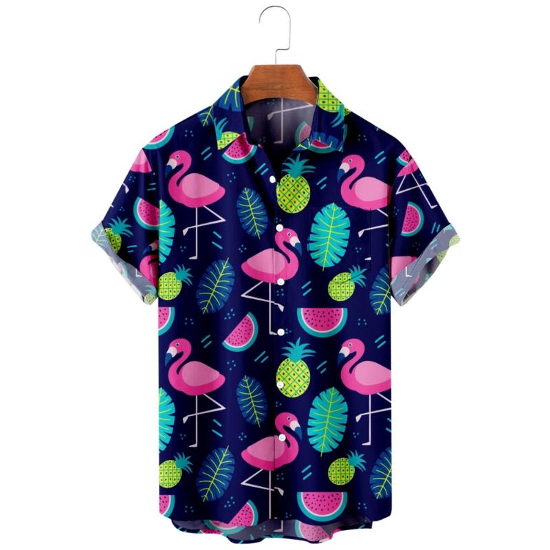 

Men's Casual Shirts Fashion Hawaiian Beach Shirt Flamingo And Fruit Vintage Print Summer Pocket For Men WomenMen's, A606