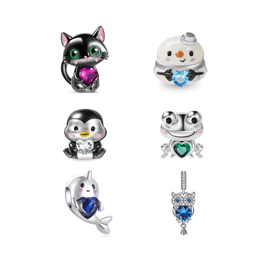 

925 Silver Fit Pandora Charm 925 Bracelet Cute Penguin Frog Snowman Narwhal Embraces Heart Gemstone charms set Pendant DIY Fine Beads Jewelry