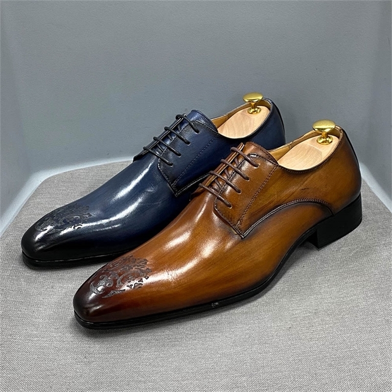 

Business Shoes Men Oxford Genuine Cow Leather Pointed Toe Fashion Outdoor Lace Up High Quality Carved Office Wedding 220812, Blue