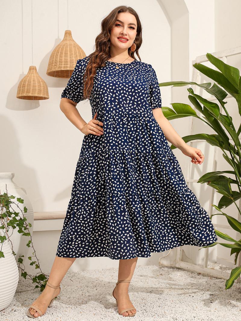 

Plus Size Dresses Loose Oversized Dress Woman 2022 Fashion Summer Short Sleeve Dot Print Casual Long 5XL Women ClothingPlus, Black