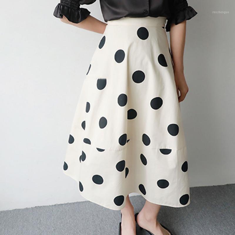 

Retro Women Polka Dot Micro-puff Over The Knee Skirt Pockets Both Sides Of Women' Bottom Elegant Female Skirts 2022, White