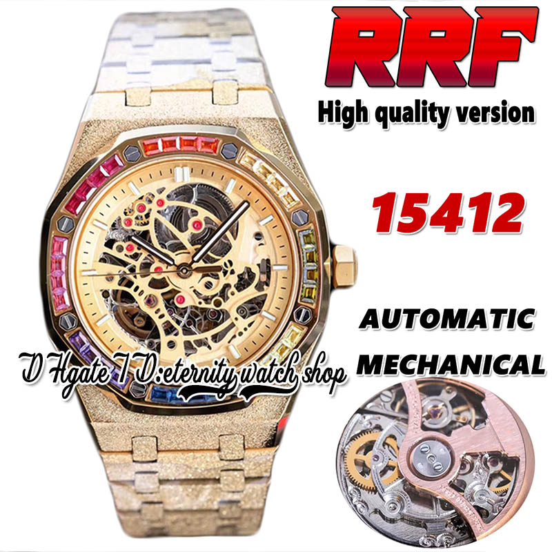 

2022 RRF th15412 Automatic Mechanical Mens Watch Rainbow T Diamonds Bezel Frosted Gold Case Skeleton Dial Double Balance 316L Stainless Bracelet eternity Watches, Watch waterproof production cost